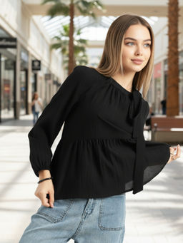 Sera - Black Bow Tie Peplum Stylish Top