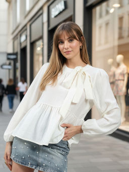 Sera - Offwhite Bow Tie Peplum Stylish Long Sleeve Top
