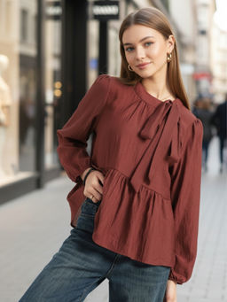 Sera - Rust Bow Tie Peplum Stylish Top