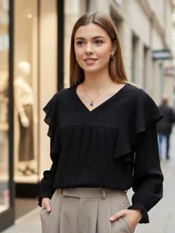 Sera - Black Cotton Nylon Ruffle Top