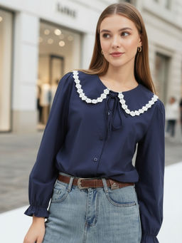 Sera - Navy Peter Pan Collar OverSize Shirt with Floral Lace