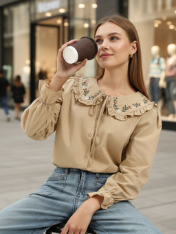 Sera - Beige Embroidered Peter Pan Collar Oversized Shirt with Floral Lace