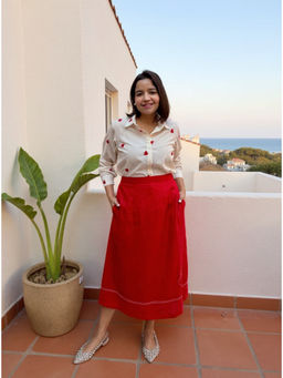 Label Tanvee - Red Embroidered Cotton-Linen A-Line Skirt