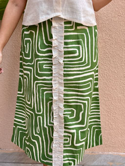 Label Tanvee - Olive Maze Print Cotton-Linen A-Line Skirt