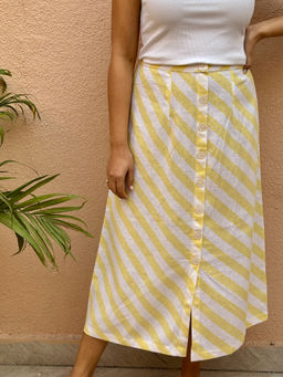 Label Tanvee - Lemon Stripe Cotton-Linen Midi Skirt