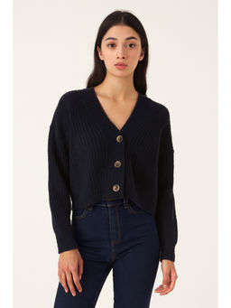 NOBARR - Women's Dark Blue Knitted Acrylic Button-Down Cardigan