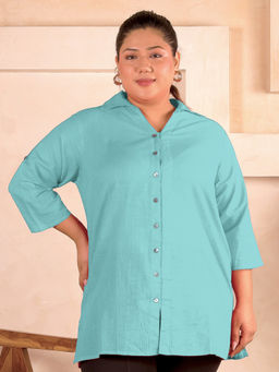 Indietoga - Women's Plus Size Blue Solid Cotton Longline Shirt