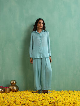 Indy Raaga - Women Turquoise Solid Muslin Co-Ord Set
