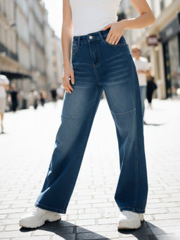 Outzidr - Blue High Waist Wide Leg Jeans
