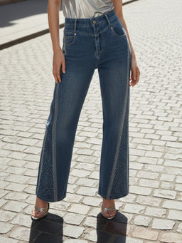 Outzidr - Navy Blue High Waist Frayed Wide Leg Jeans