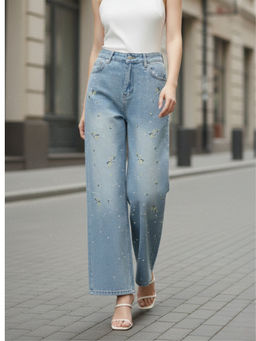 Outzidr - Blue High Waist Floral Printed Jeans