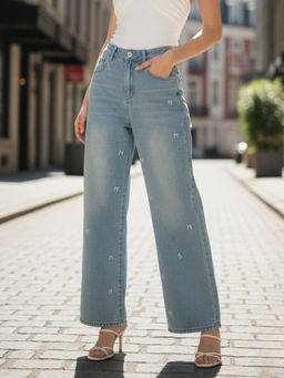 Outzidr - Light Blue Bow Embroidered Wide Leg Pant