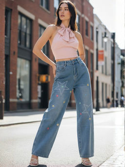Outzidr - Light Blue Printed Washed Effect Jeans