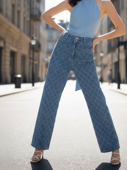 Outzidr - Blue High Waist Textured Jeans