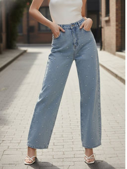 Outzidr - Light Blue Embellished Wide Leg Denim Jeans