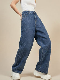 Outzidr - Navy Blue Embellished Wide Leg Denim Jeans