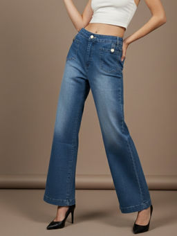 Outzidr - Light Blue Pront Pocket Wide Leg Jeans