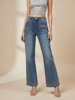 Outzidr - Blue Embellished Wide Leg Denim Jeans