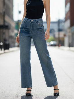 Outzidr - Blue High Waist Wide Leg Jeans