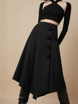 Outzidr - Black High Waist Floral Trimmed Skirt