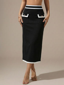 Outzidr - Black Contrast Piping Fitted Skirt