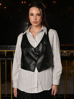 Odette - White Cotton Striped Shirt with PU Waist Coat (Set of 2)