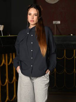 Odette - Navy Blue Cotton Solid Tie Up Shirt