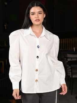 Odette - White Poplin Solid Full Sleeves Shirt