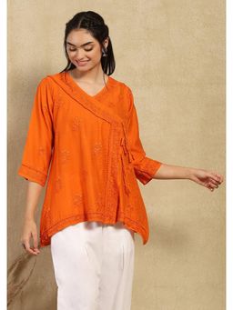 House of Chikankari - Women Orange Chanderi Embroidered Straight Top