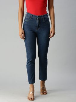 SHOWOFFFF - Womens Mom Fit Clean Look Blue Jeans