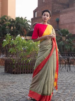 Beatitude - Green Blended Cotton Saree With Unstitched Blouse