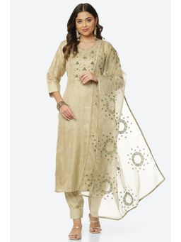 Biba - Gold Silk Printed & Sequined Unstitched Suit (Set of 3)