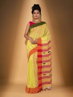 Beatitude - Yellow Handspun Cotton Woven Saree with Unstitched Blouse