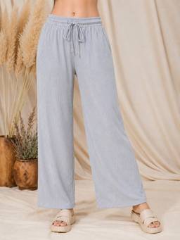 Buynewtrend - Women's Light Grey Textured Wide Leg Drawstring Pant