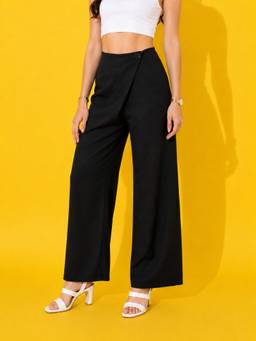 Buynewtrend - Women's Black Wrap Front Wide Leg Trouser