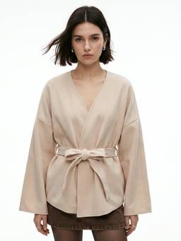 Outzidr - Beige V Neck Wrap Light Weight Jacket