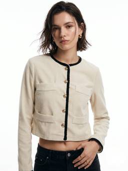 Outzidr - Cream Contrast Tipping Button Down Jacket