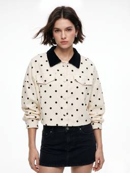 Outzidr - White Polka Dotted Corduroy Collar Jacket