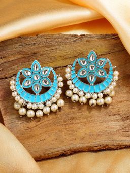 Estele - Rhodium Plated Attractive Kundan Earrings with Pearl & Blue Enamel for Women