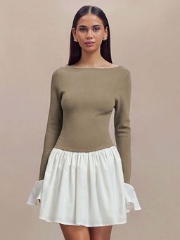 Outzidr - Brown Broad Neck Full Sleeves Fitted Street Style Dress