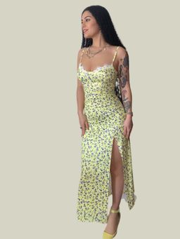 Outzidr - Yellow Lace Detail At Bust High Slit Midi Dress