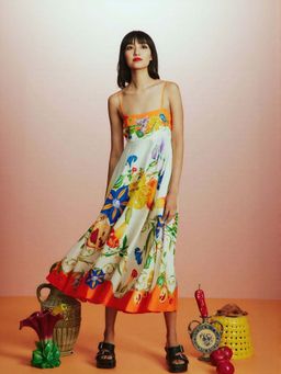Outzidr - Orange Oriental Floral Print Fit And Flare Midi Vacay Dress