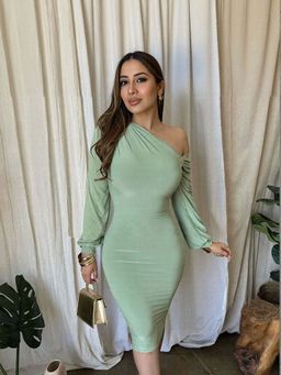 Outzidr - Green One Shoulder Full Sleeves Bodycon Party Dress