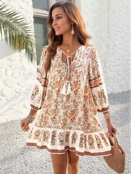 Outzidr - White Boho Printed Mini Vacay Dress