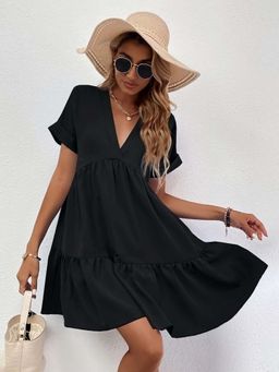 Outzidr - Black V Neck Aline Tiered Vacay Dress
