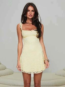 Outzidr - Yellow Lace Aline Party Dress Sleeveless