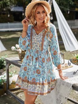 Outzidr - Blue Printed A-Line Dress