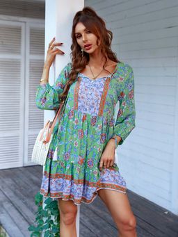 Outzidr - Green Printed A-Line Dress