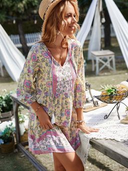 Outzidr - Beige Printed A-Line Dress