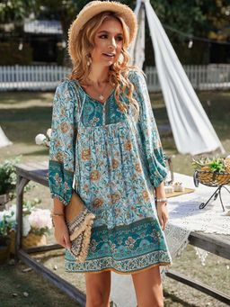 Outzidr - Blue Printed A-Line Dress